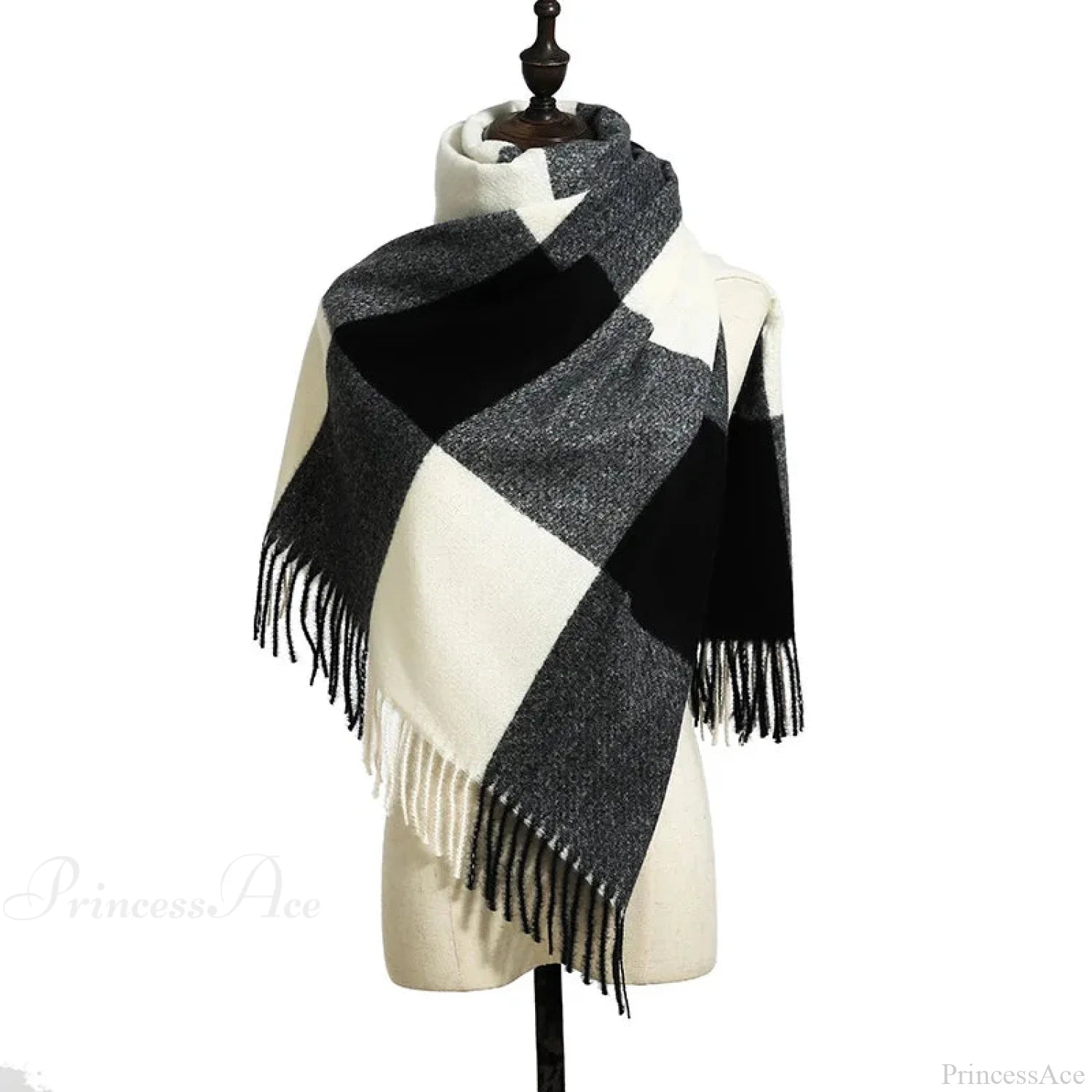 Elegant Lady Style Cashmere Tassel Luxury Scarf - Autumn Winter Striped Plaid Black White Scarfs-L
