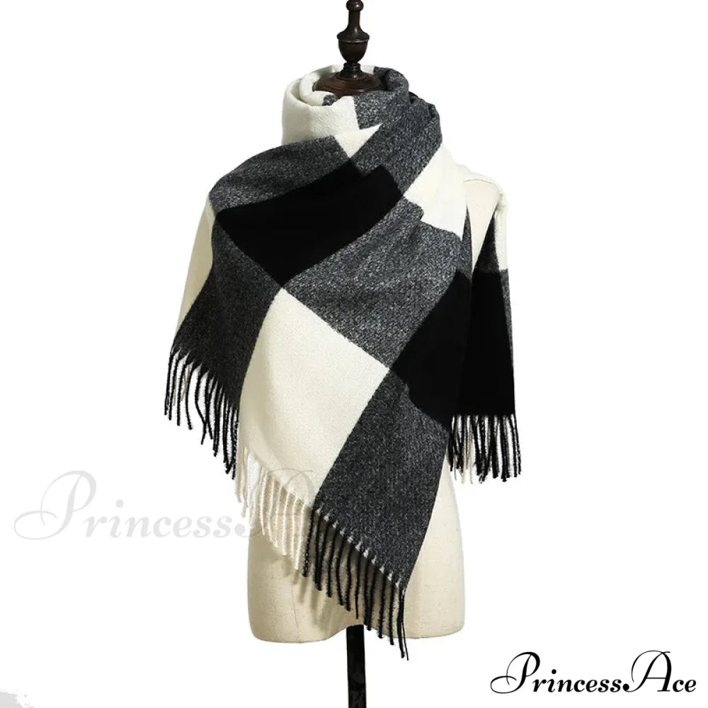 Elegant Lady Style Cashmere Tassel Luxury Scarf - Autumn Winter Striped Plaid Black White Scarfs-L