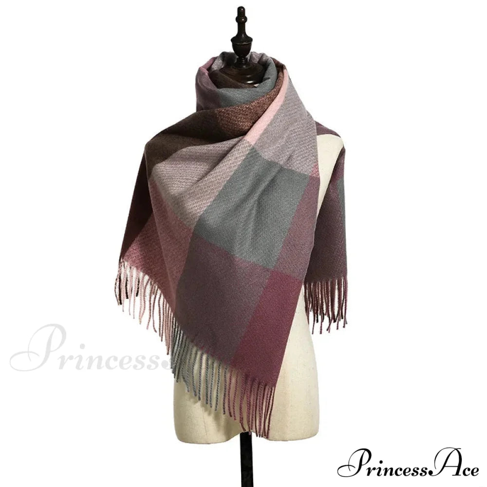 Elegant Lady Style Cashmere Tassel Luxury Scarf - Autumn Winter Striped Plaid Brown Scarfs-L