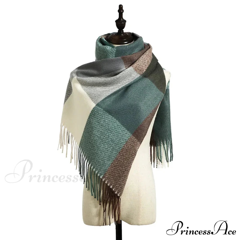 Elegant Lady Style Cashmere Tassel Luxury Scarf - Autumn Winter Striped Plaid Green Scarfs-L