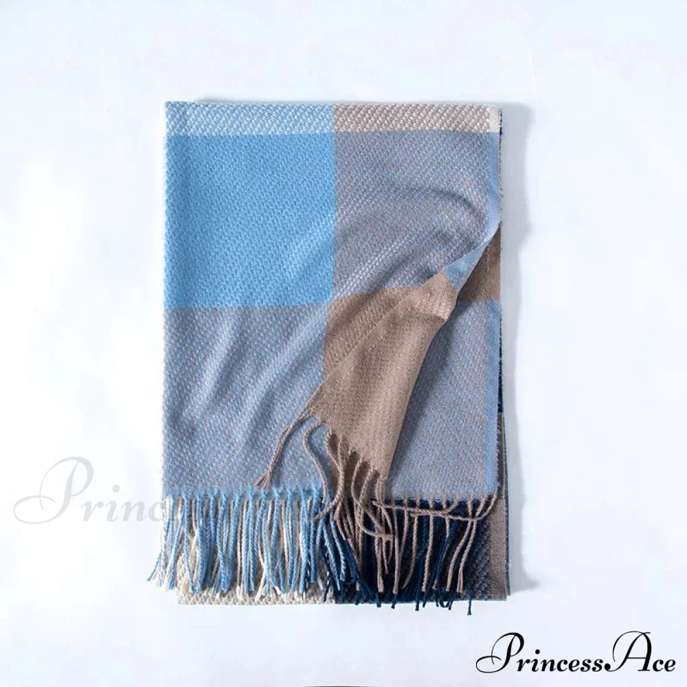 Elegant Lady Style Cashmere Tassel Luxury Scarf - Autumn Winter Striped Plaid Light Blue Scarfs-L