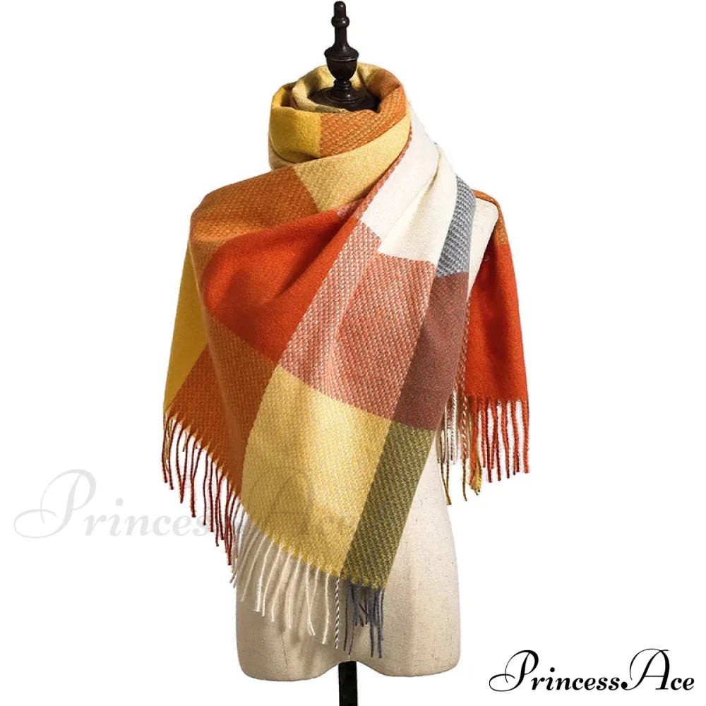 Elegant Lady Style Cashmere Tassel Luxury Scarf - Autumn Winter Striped Plaid Orange Scarfs-L