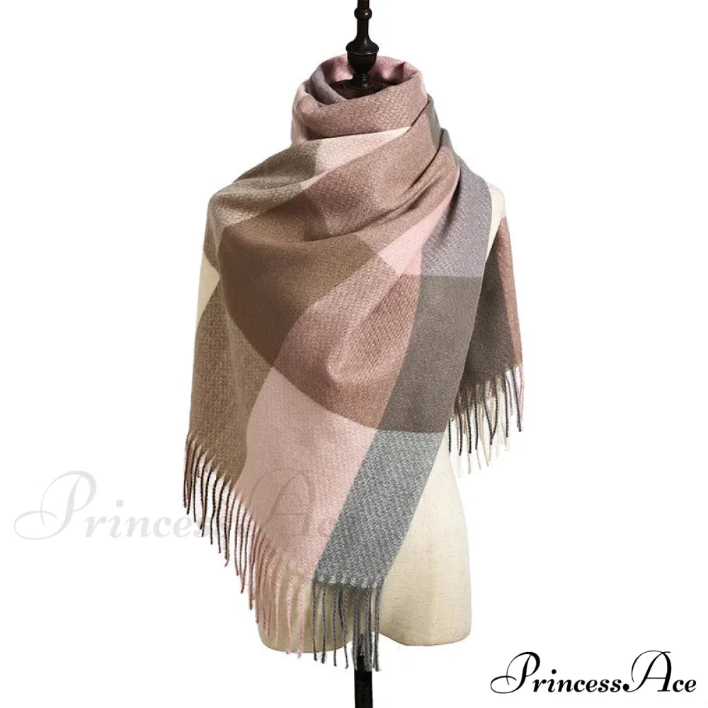 Elegant Lady Style Cashmere Tassel Luxury Scarf - Autumn Winter Striped Plaid Pink Scarfs-L