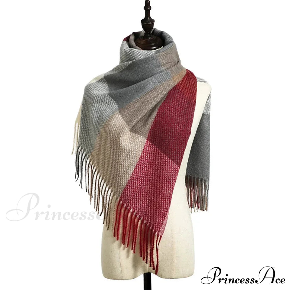 Elegant Lady Style Cashmere Tassel Luxury Scarf - Autumn Winter Striped Plaid Red Scarfs-L