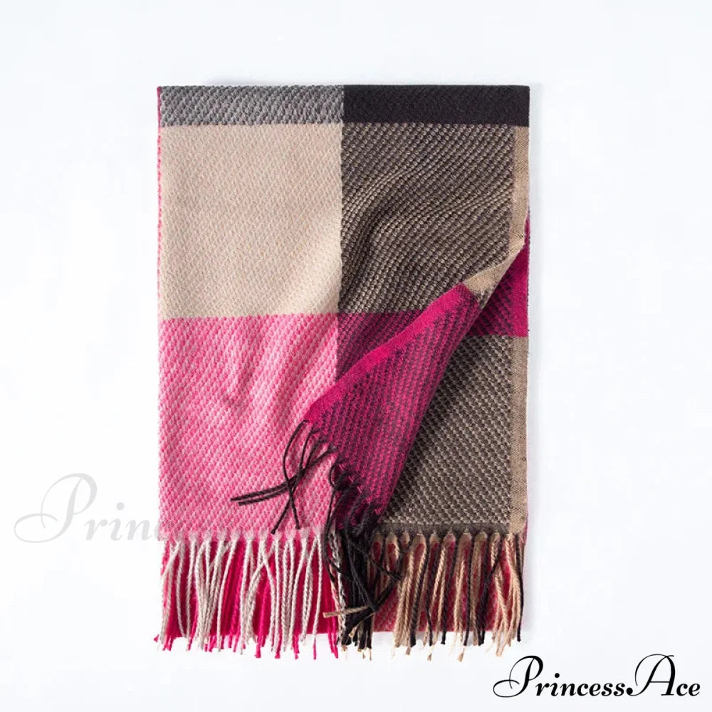 Elegant Lady Style Cashmere Tassel Luxury Scarf - Autumn Winter Striped Plaid Rose Red Scarfs-L