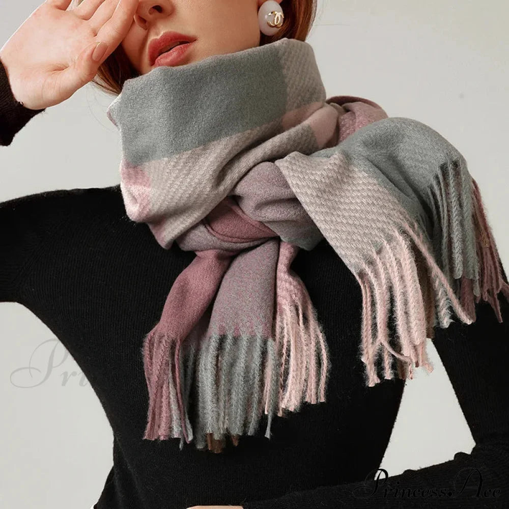 Elegant Lady Style Cashmere Tassel Luxury Scarf - Autumn Winter Striped Plaid Scarfs-L