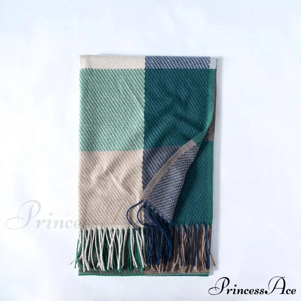 Elegant Lady Style Cashmere Tassel Luxury Scarf - Autumn Winter Striped Plaid Turquoise Scarfs-L