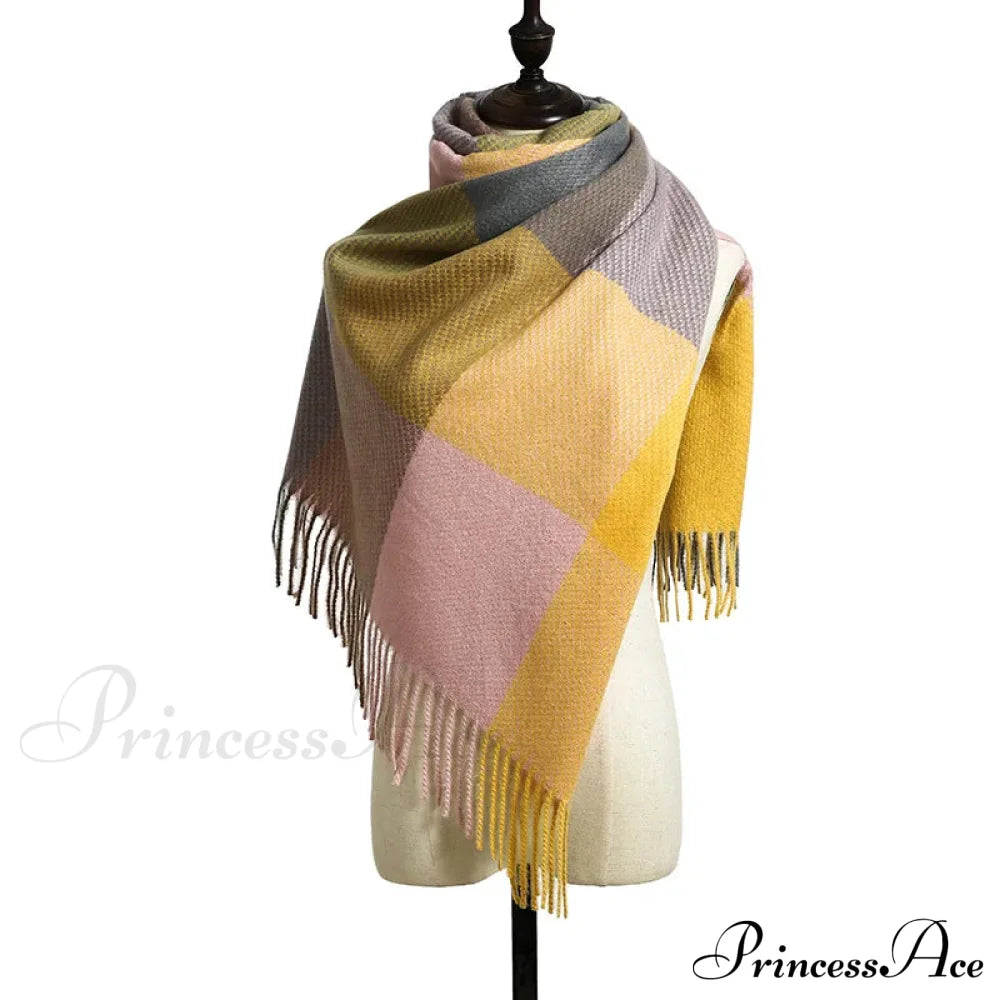 Elegant Lady Style Cashmere Tassel Luxury Scarf - Autumn Winter Striped Plaid Yellow Scarfs-L