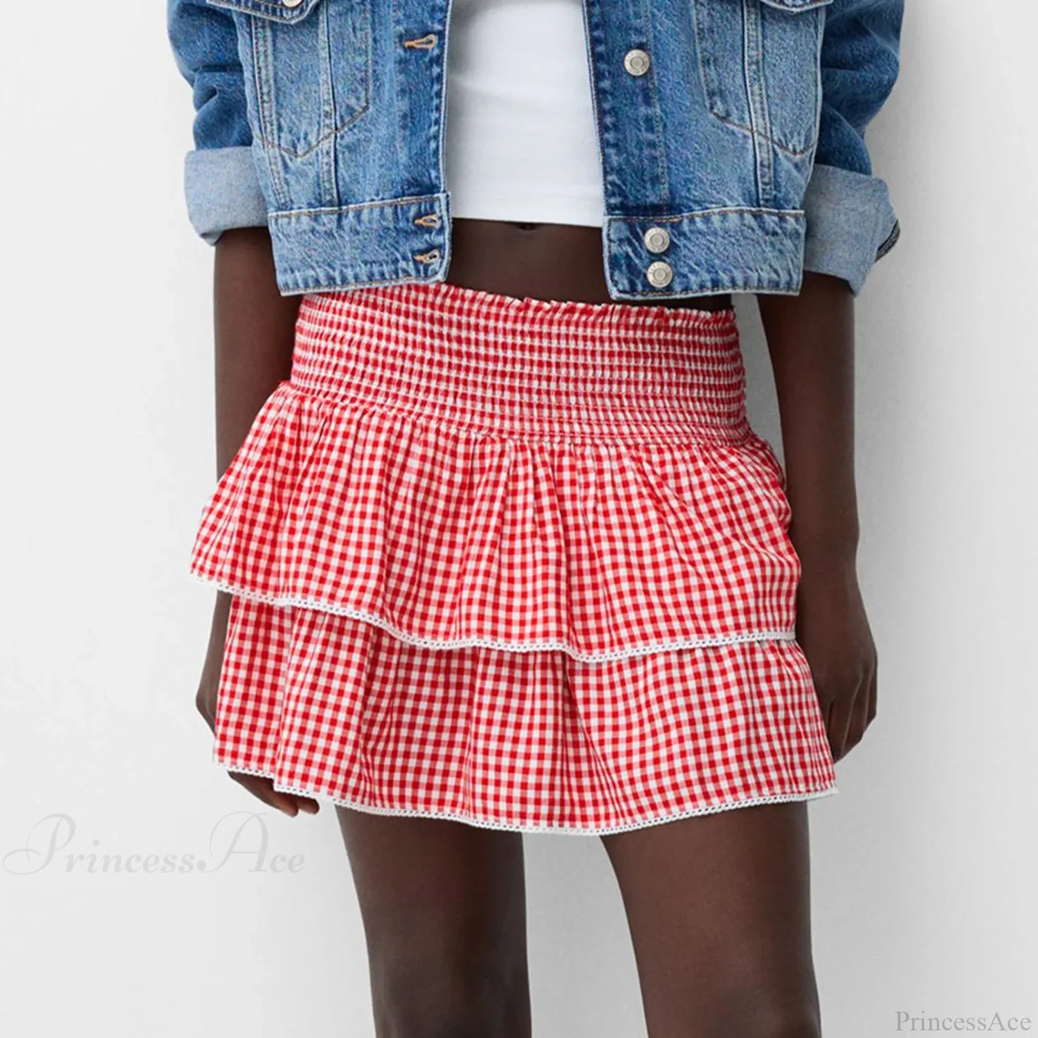 Elegant Layered Plaid Summer Skirt Red / S skirts-250223