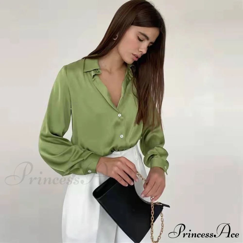 Elegant Long Sleeve Green Silk Blouse