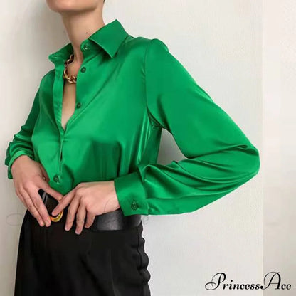 Elegant Long Sleeve Green Silk Blouse