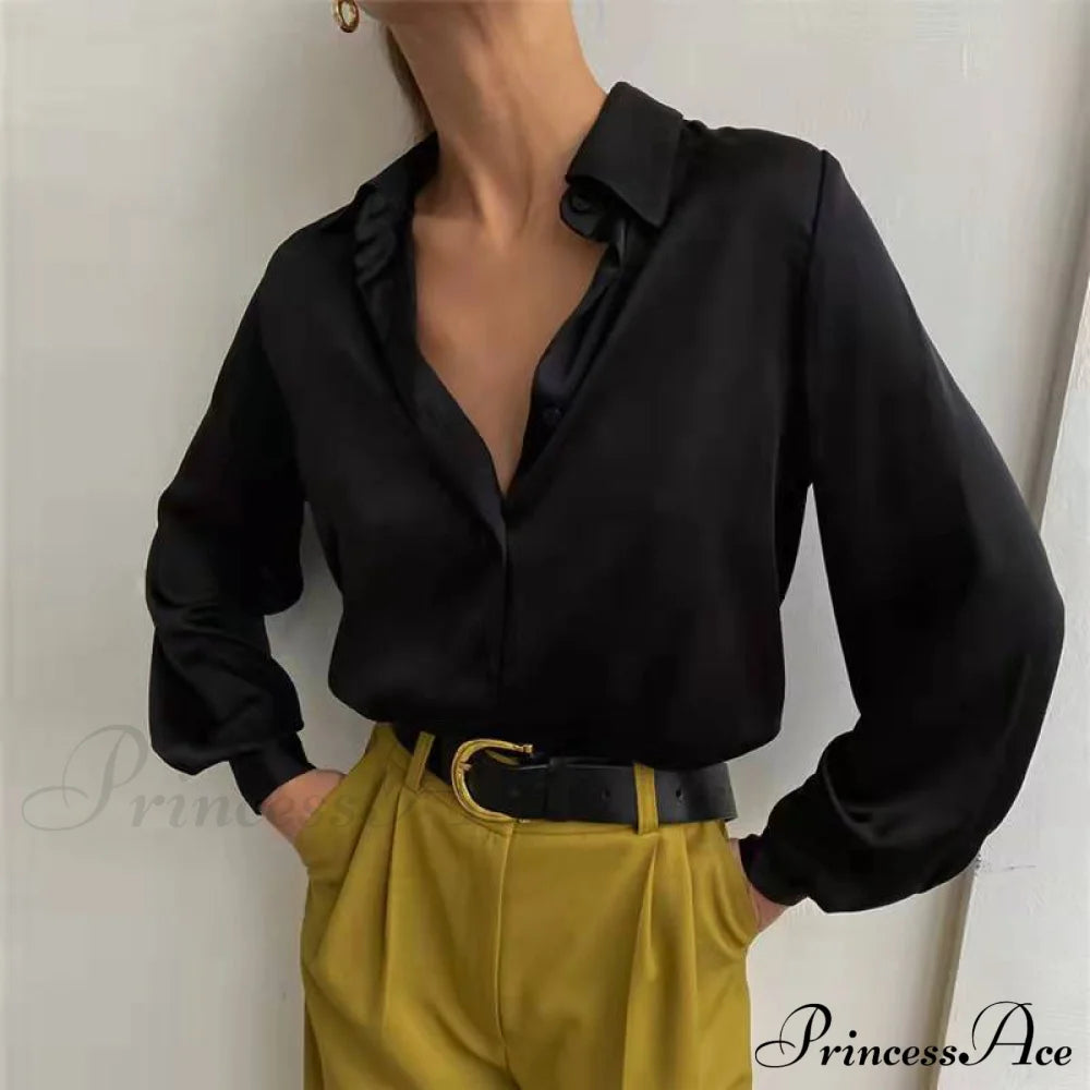 Elegant Long Sleeve Green Silk Blouse Black / S