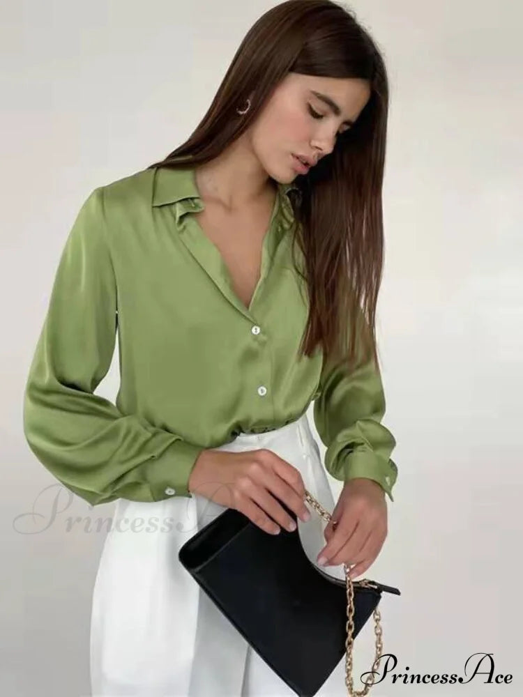 Elegant Long Sleeve Green Silk Blouse Light / S