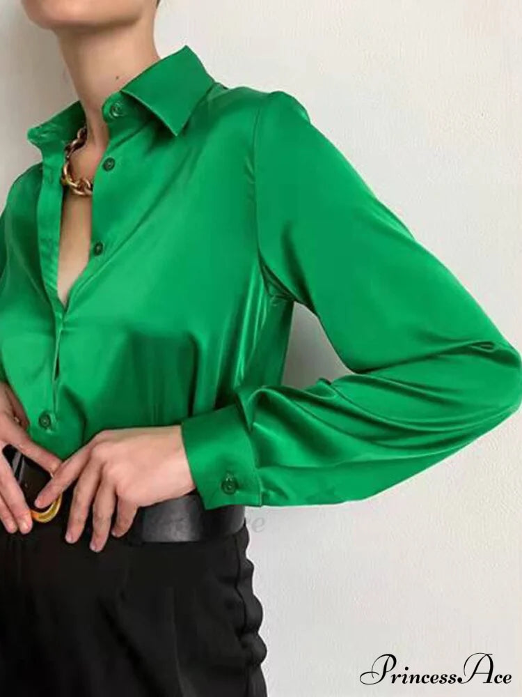 Elegant Long Sleeve Green Silk Blouse Green / S