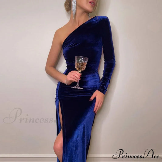 Elegant Long Sleeve Party Evening Velvet Bodycon Split Pencil Midi Christmas Dress Blue / S