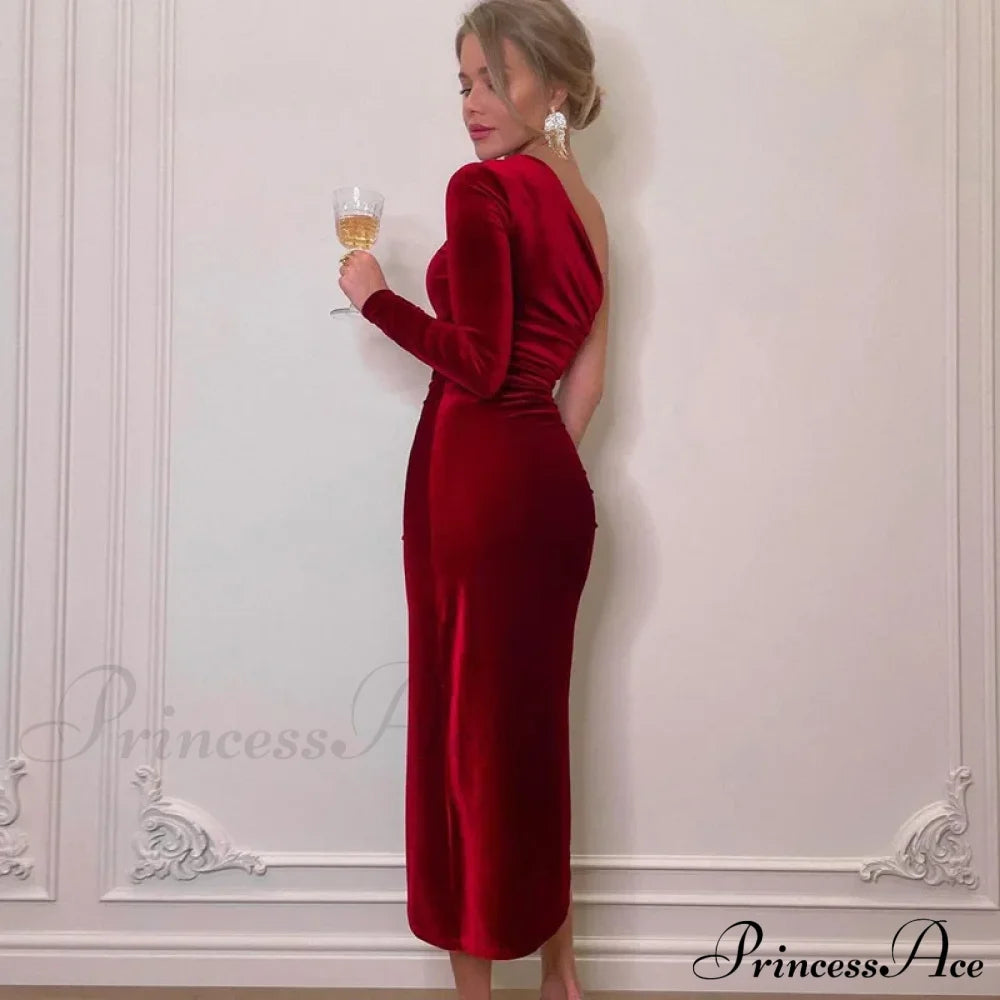 Elegant Long Sleeve Party Evening Velvet Bodycon Split Pencil Midi Christmas Dress Dresses-L