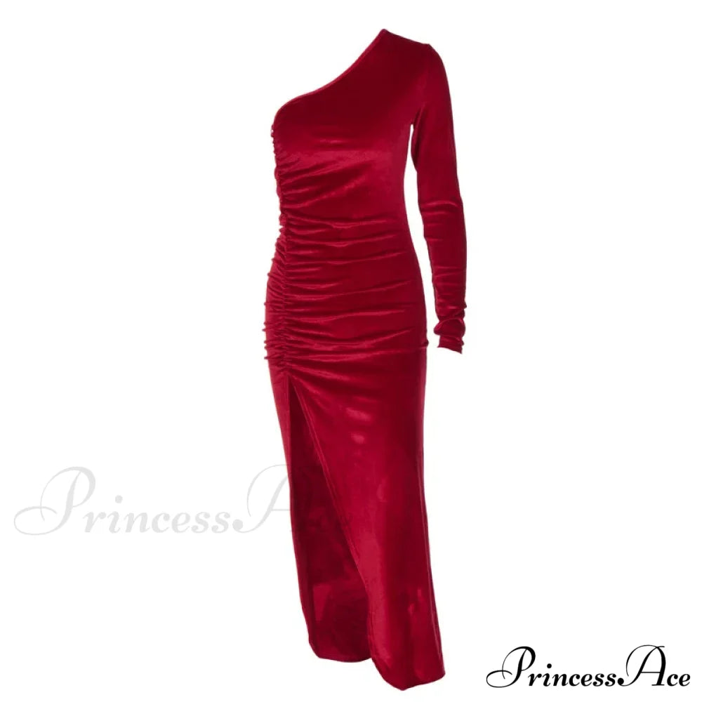 Elegant Long Sleeve Party Evening Velvet Bodycon Split Pencil Midi Christmas Dress Dresses-L