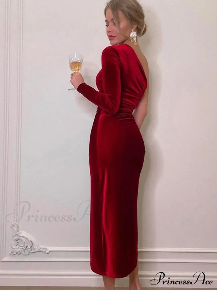 Elegant Long Sleeve Party Evening Velvet Bodycon Split Pencil Midi Christmas Dress Dresses-L