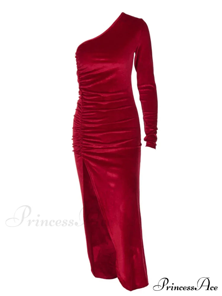 Elegant Long Sleeve Party Evening Velvet Bodycon Split Pencil Midi Christmas Dress Dresses-L