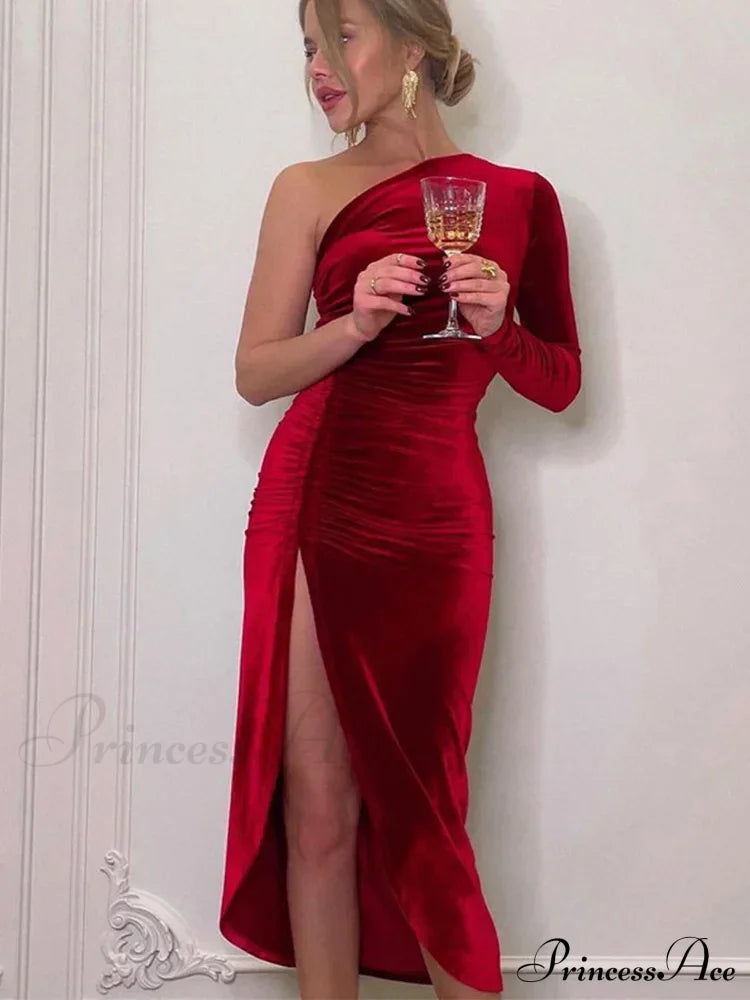 Elegant Long Sleeve Party Evening Velvet Bodycon Split Pencil Midi Christmas Dress Red / S Dresses-L