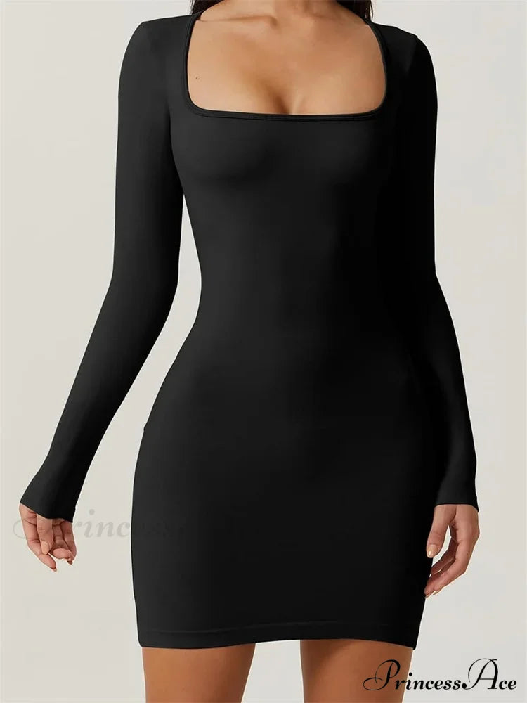 Elegant Long Sleeve Pencil Square Neck Low Mini Dress Black / S