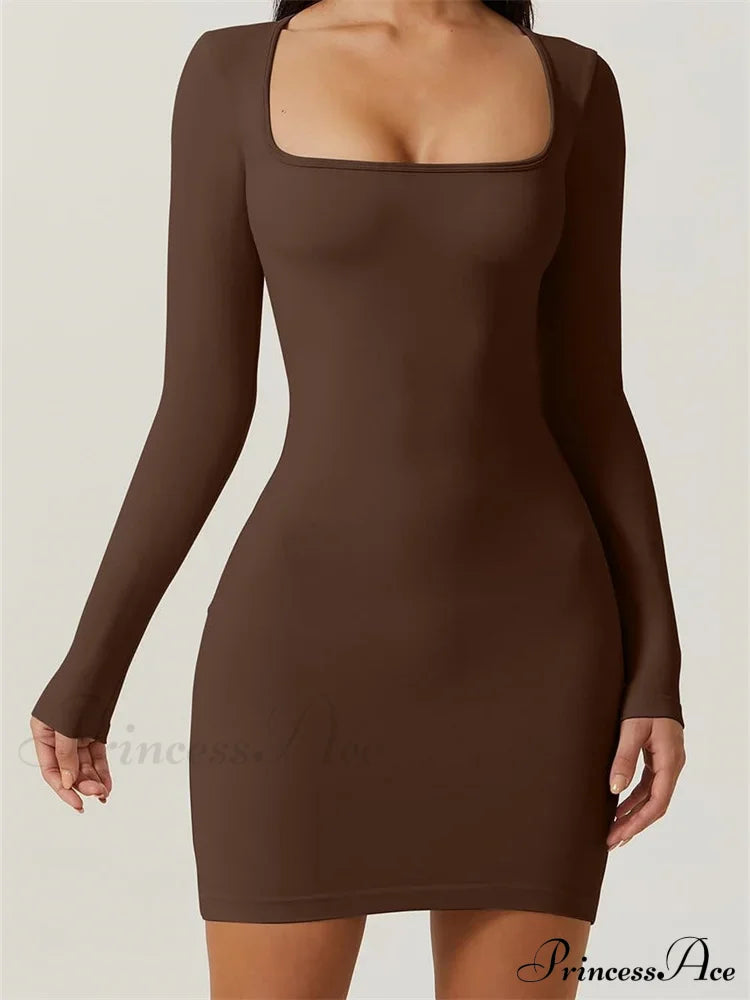 Elegant Long Sleeve Pencil Square Neck Low Mini Dress Brown / S