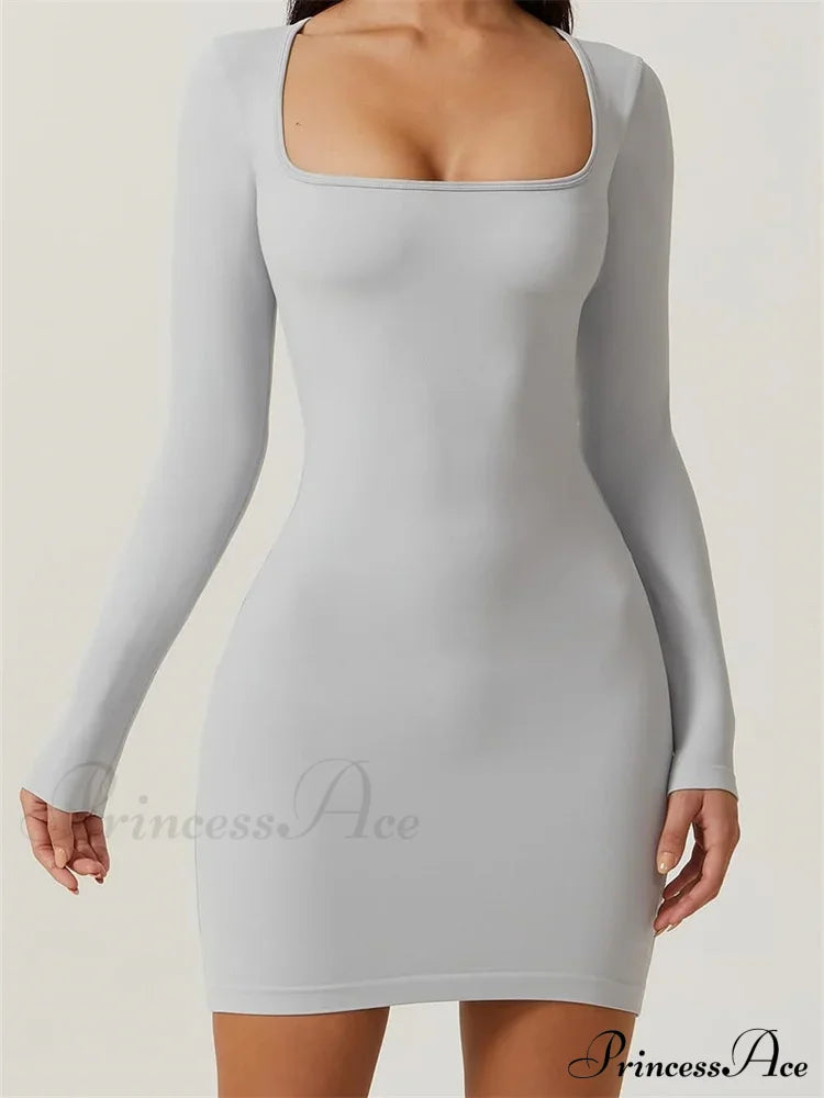 Elegant Long Sleeve Pencil Square Neck Low Mini Dress Grey / S