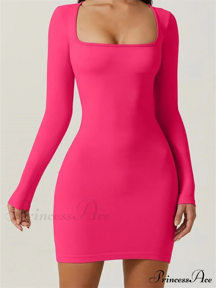 Elegant Long Sleeve Pencil Square Neck Low Mini Dress Pink / S