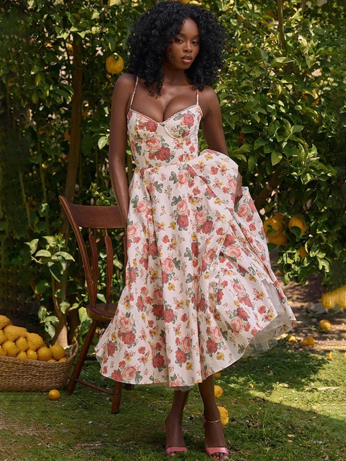 Elegant Mesh A-line Vacation Dress Red Flowers / S vacationdress-250223