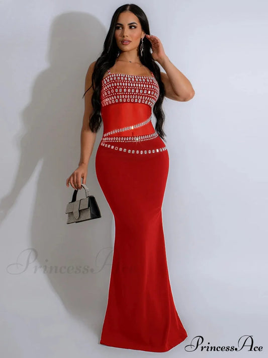 Elegant Mesh See Through Rhinestones Strap Sleeveless Red Christmas Party Dress Red / S Dresses-L