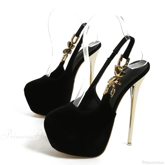 Elegant Metal Butterfly-Chain Back-Strap Extreme High Platform Prom Wedding Sexy Pumps Heel Black /