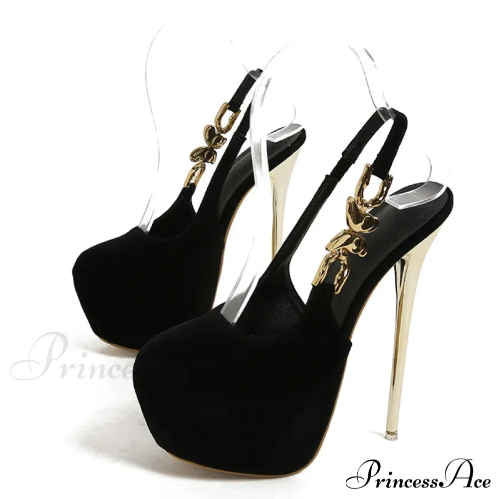 Elegant Metal Butterfly-Chain Back-Strap Extreme High Platform Prom Wedding Sexy Pumps Heel Black /