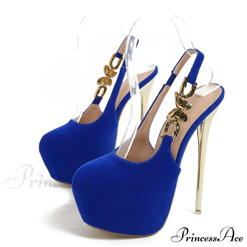 Elegant Metal Butterfly-Chain Back-Strap Extreme High Platform Prom Wedding Sexy Pumps Heel Blue /