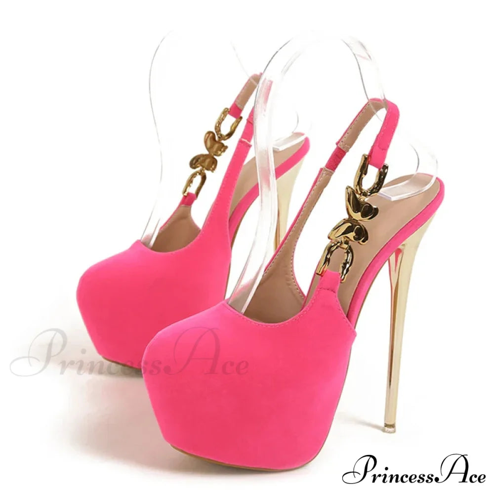 Elegant Metal Butterfly-Chain Back-Strap Extreme High Platform Prom Wedding Sexy Pumps Heel Pink /