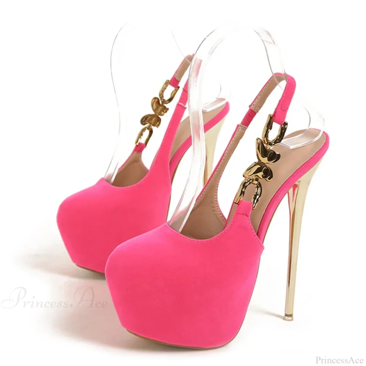 Elegant Metal Butterfly-Chain Back-Strap Extreme High Platform Prom Wedding Sexy Pumps Heel Pink /