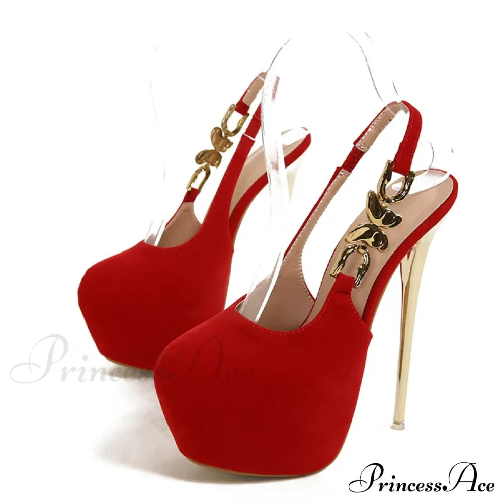 Elegant Metal Butterfly-Chain Back-Strap Extreme High Platform Prom Wedding Sexy Pumps Heel Red / 35