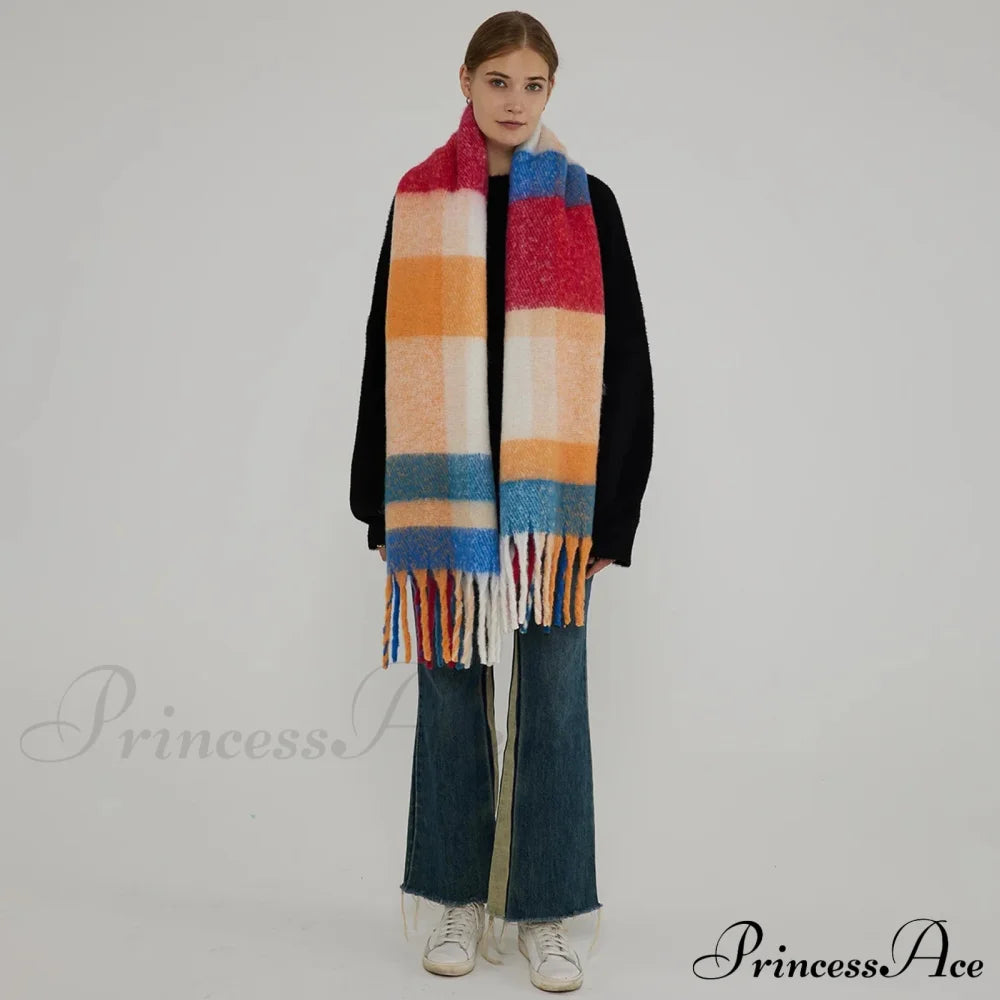 Elegant Minimalist Imitation Cashmere Scarf With Tassel Blue Red 231X42Cm Scarfs-L