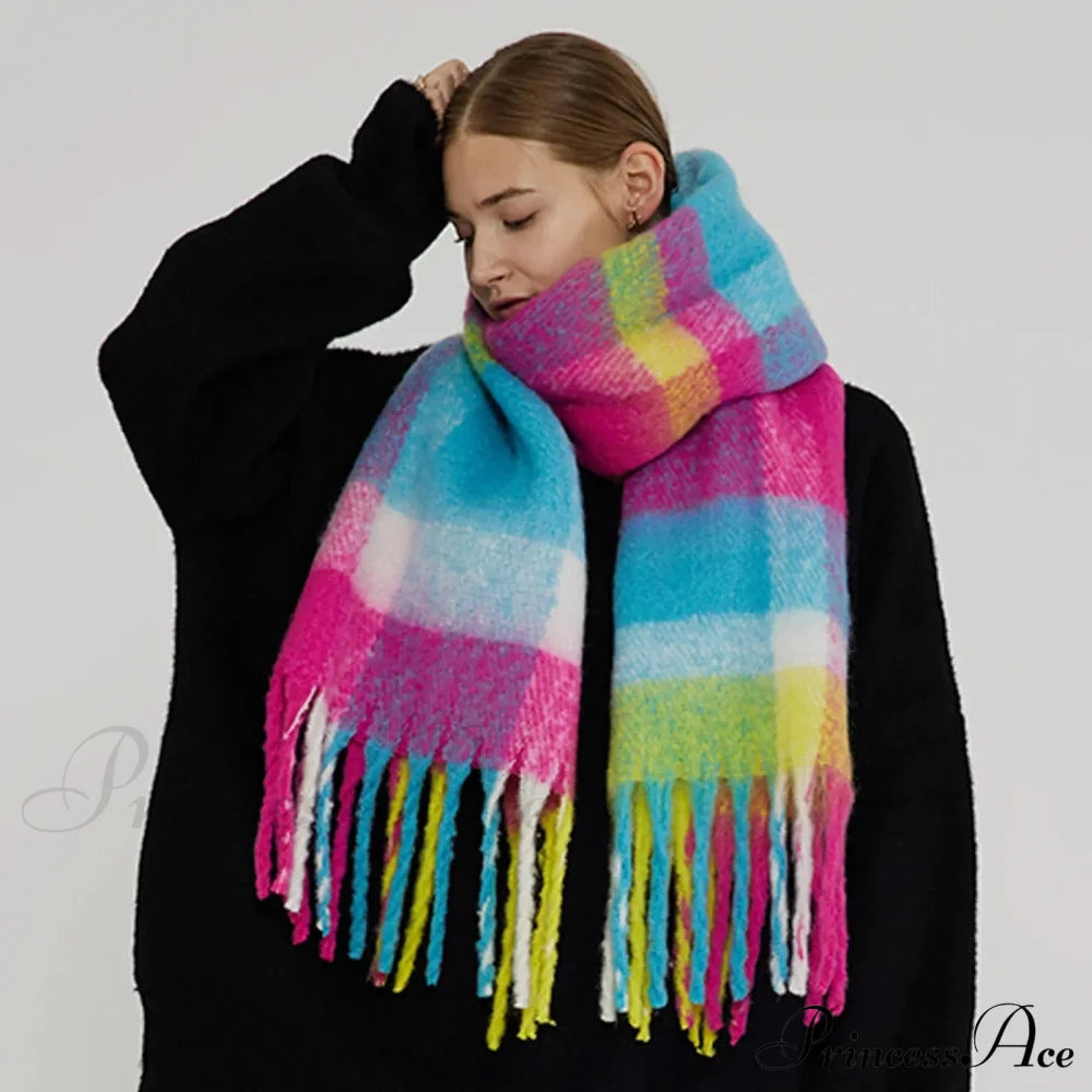 Elegant Minimalist Imitation Cashmere Scarf With Tassel Rainbow 231X42Cm Scarfs-L