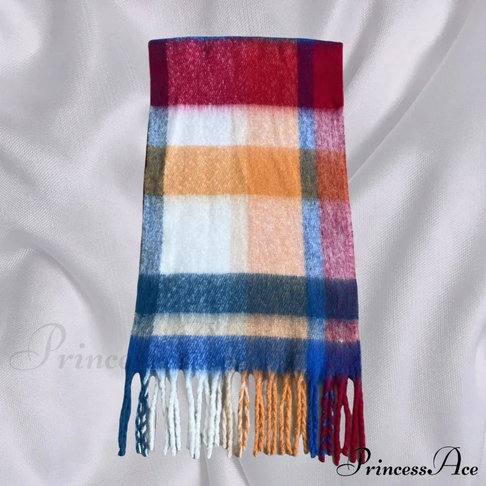 Elegant Minimalist Plaid Long Shawl Thickened Warm Scarf For Women Blue Red / L231Cm W53Cm Scarfs-L