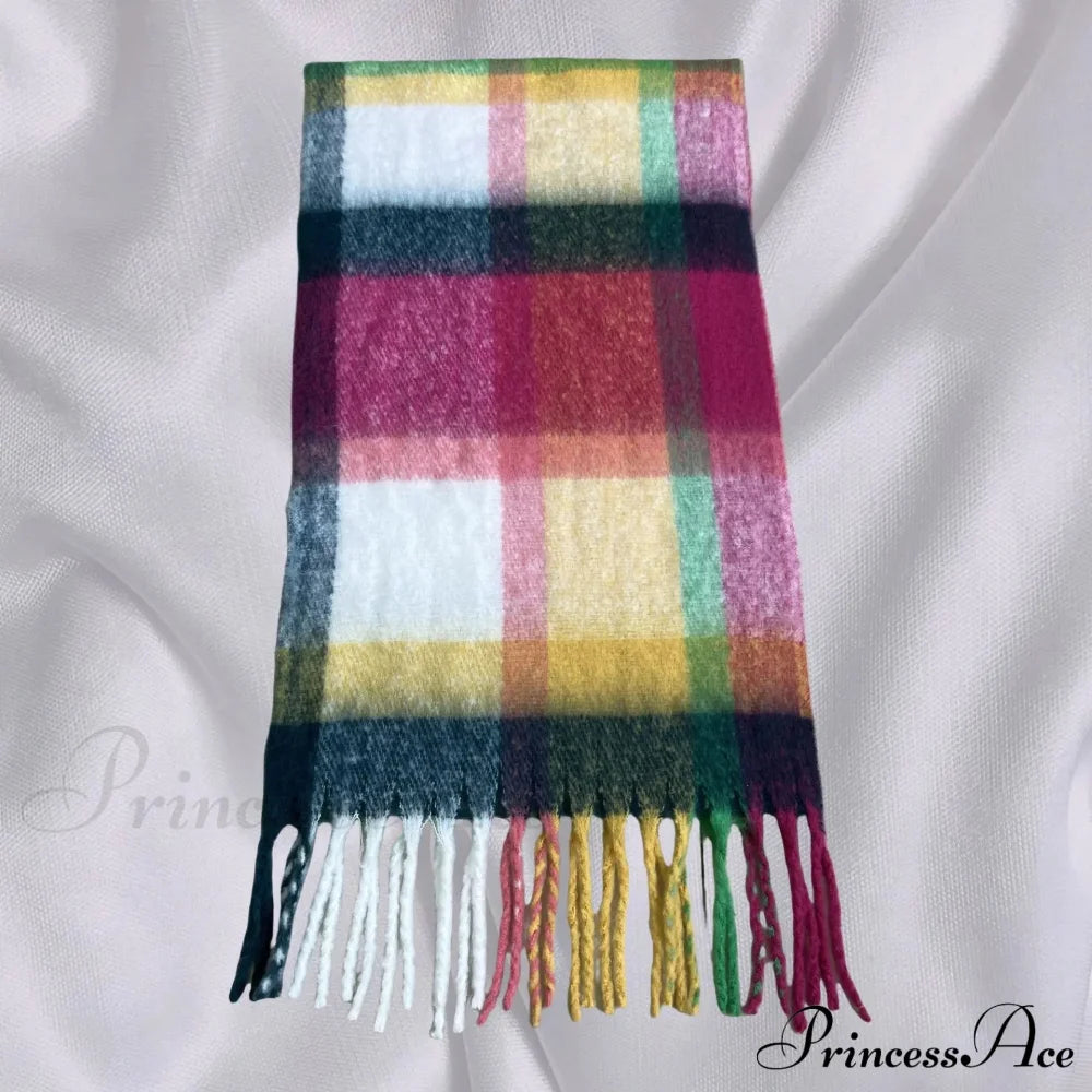 Elegant Minimalist Plaid Long Shawl Thickened Warm Scarf For Women Green Orange / L231Cm W53Cm