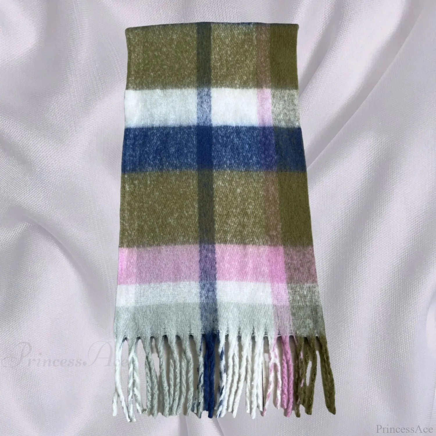 Elegant Minimalist Plaid Long Shawl Thickened Warm Scarf For Women Green Pink / L231Cm W53Cm