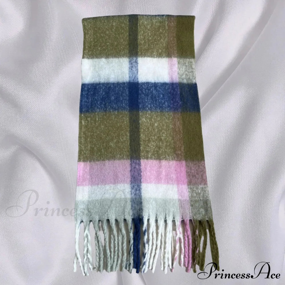 Elegant Minimalist Plaid Long Shawl Thickened Warm Scarf For Women Green Pink / L231Cm W53Cm