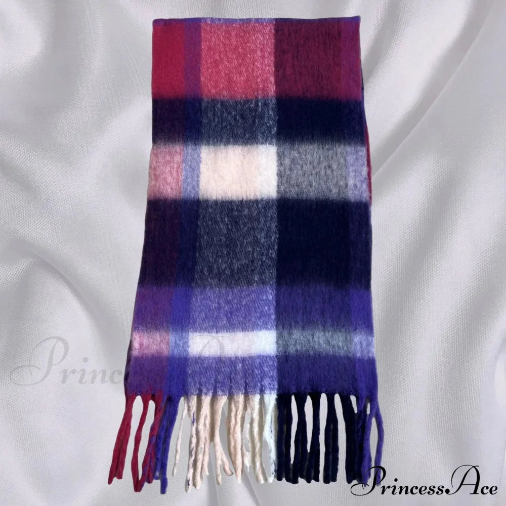 Elegant Minimalist Plaid Long Shawl Thickened Warm Scarf For Women Navy Red / L231Cm W53Cm Scarfs-L