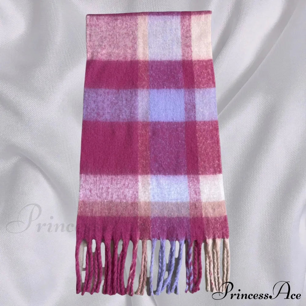 Elegant Minimalist Plaid Long Shawl Thickened Warm Scarf For Women Pink Red / L231Cm W53Cm Scarfs-L