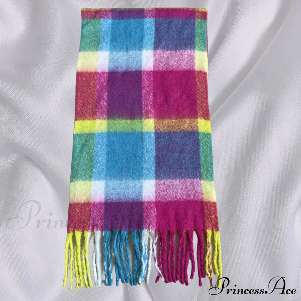 Elegant Minimalist Plaid Long Shawl Thickened Warm Scarf For Women Rainbow / L231Cm W53Cm Scarfs-L