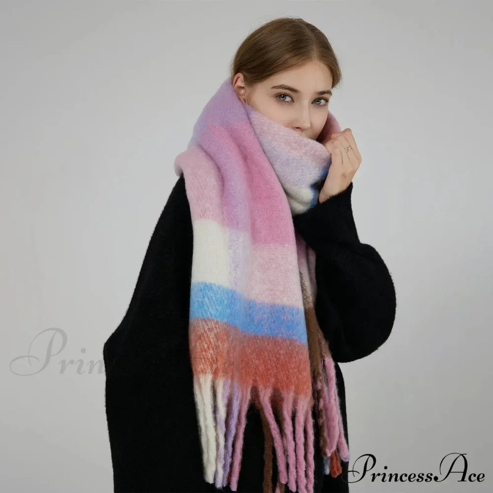 Elegant Minimalist Plaid Long Shawl Thickened Warm Scarf For Women Scarfs-L