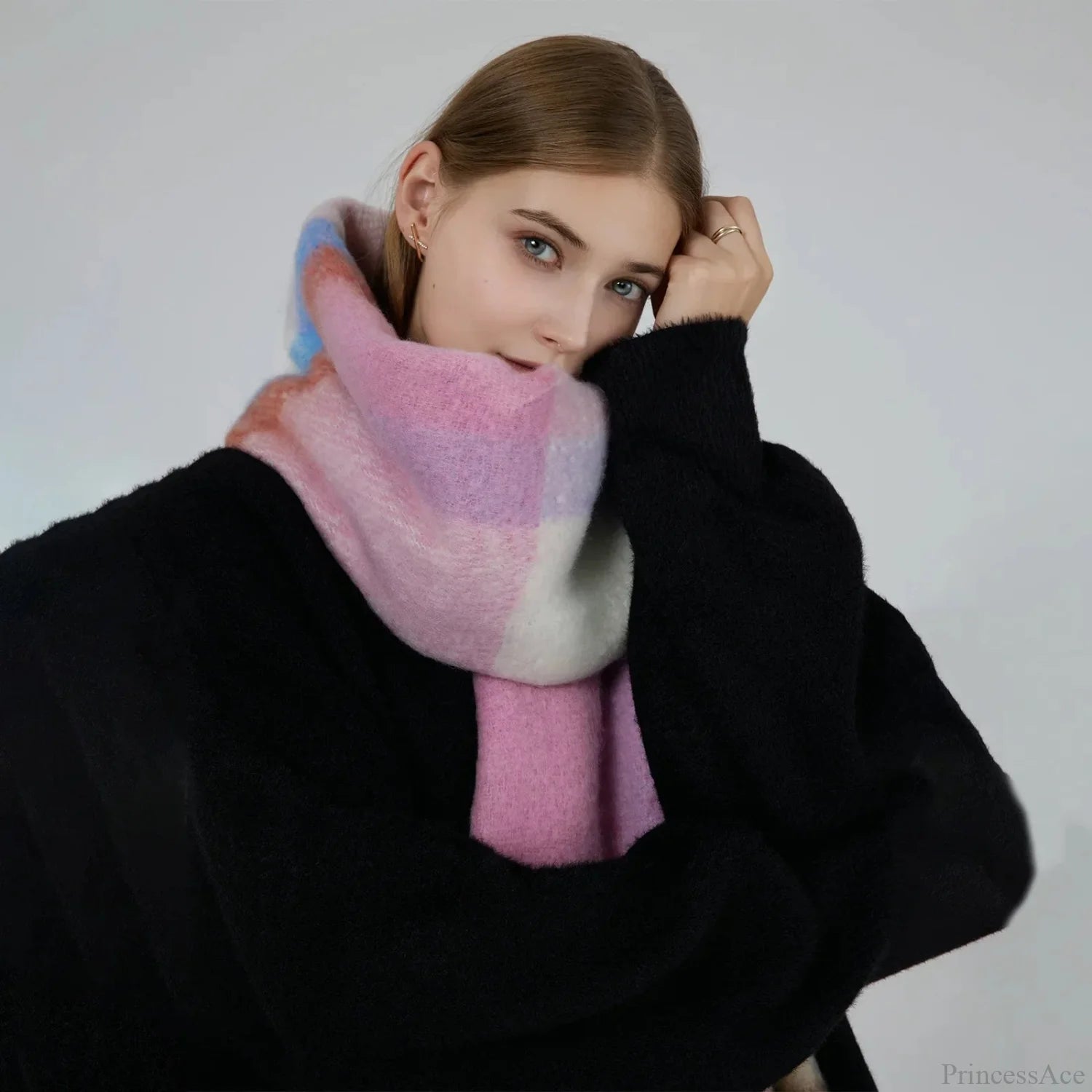 Elegant Minimalist Plaid Long Shawl Thickened Warm Scarf For Women Scarfs-L