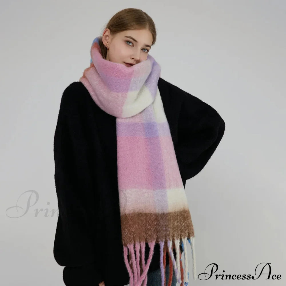 Elegant Minimalist Plaid Long Shawl Thickened Warm Scarf For Women Scarfs-L