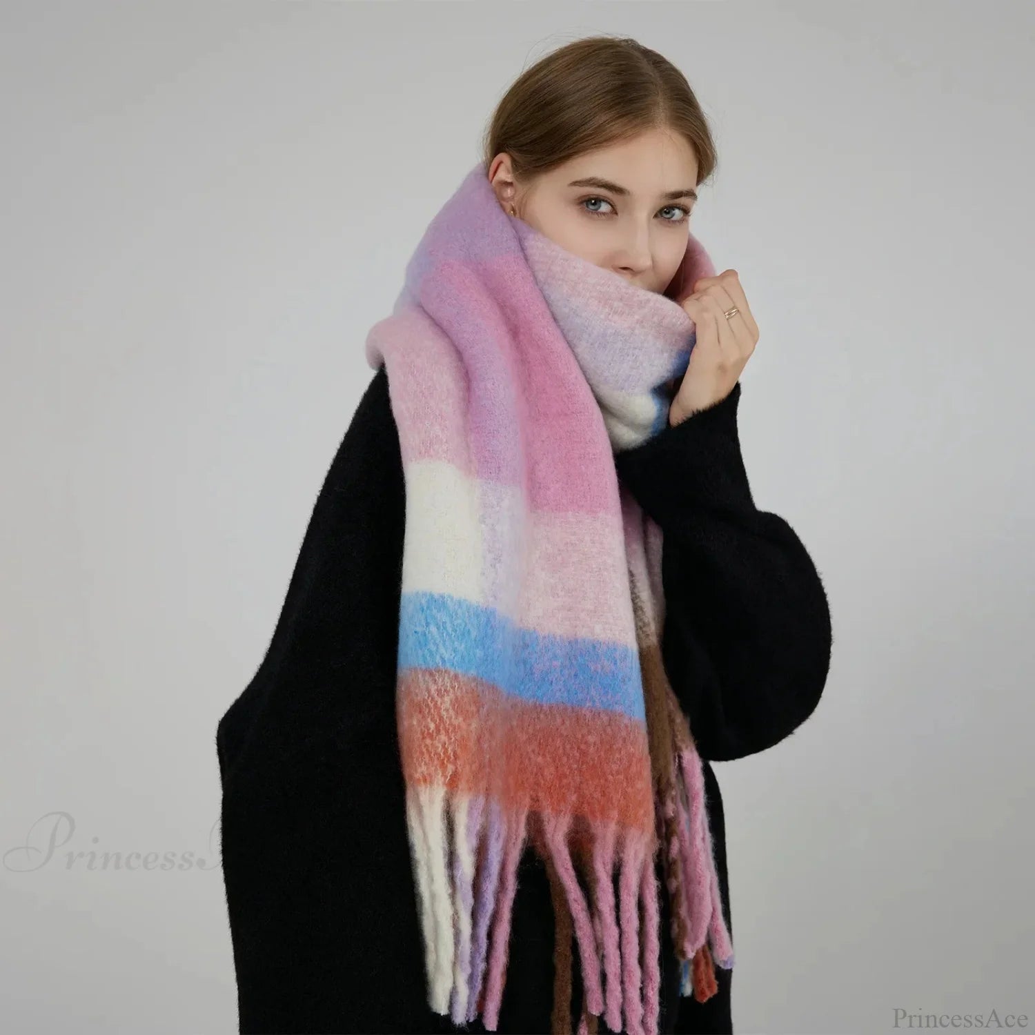 Elegant Minimalist Plaid Long Shawl Thickened Warm Scarf For Women Scarfs-L