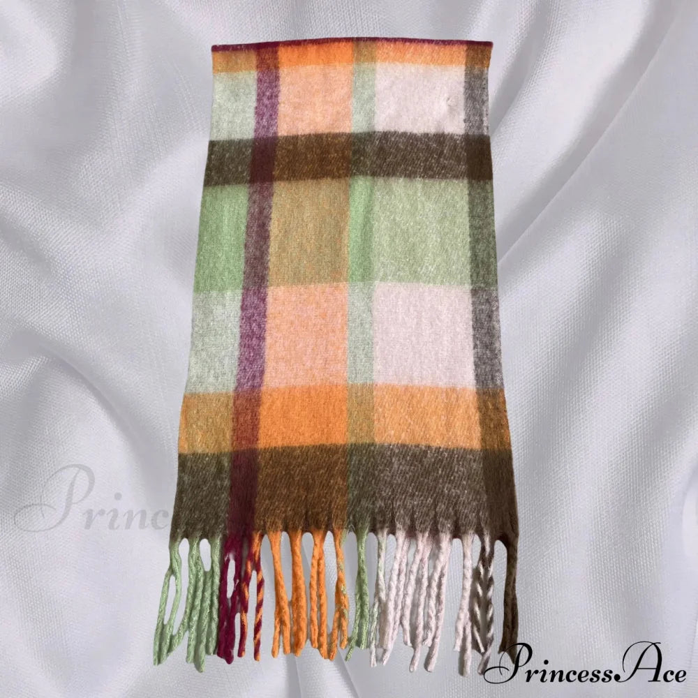 Elegant Minimalist Plaid Long Shawl Thickened Warm Scarf For Women Tea Coffee / L231Cm W53Cm